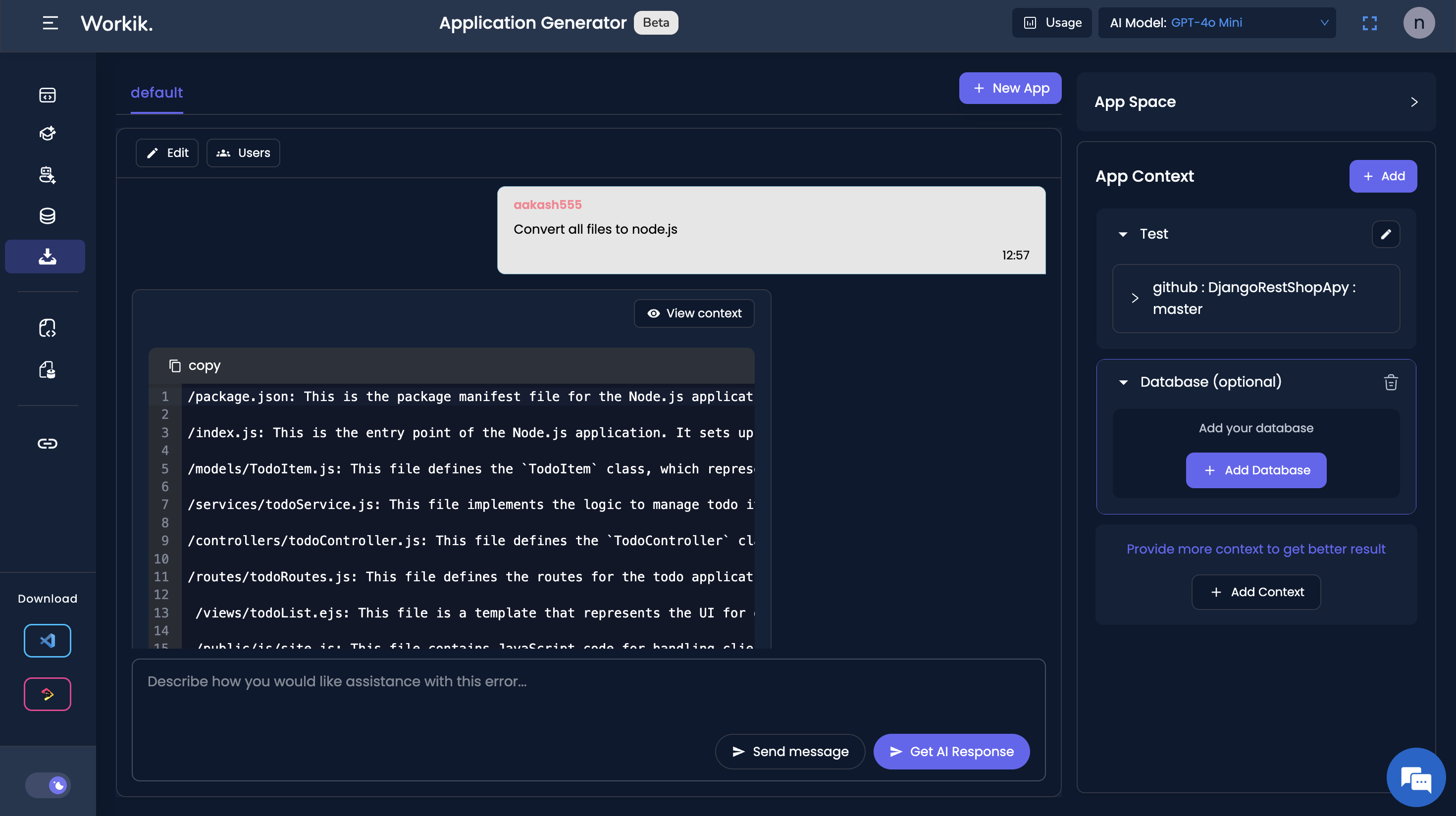 Adding DB structure to Workik workspace